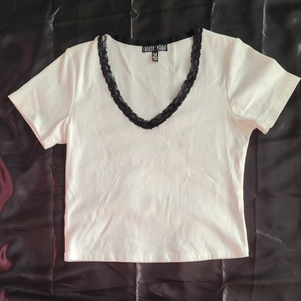 Dollskill Current Mood White T-shirt with Black Lace Trim